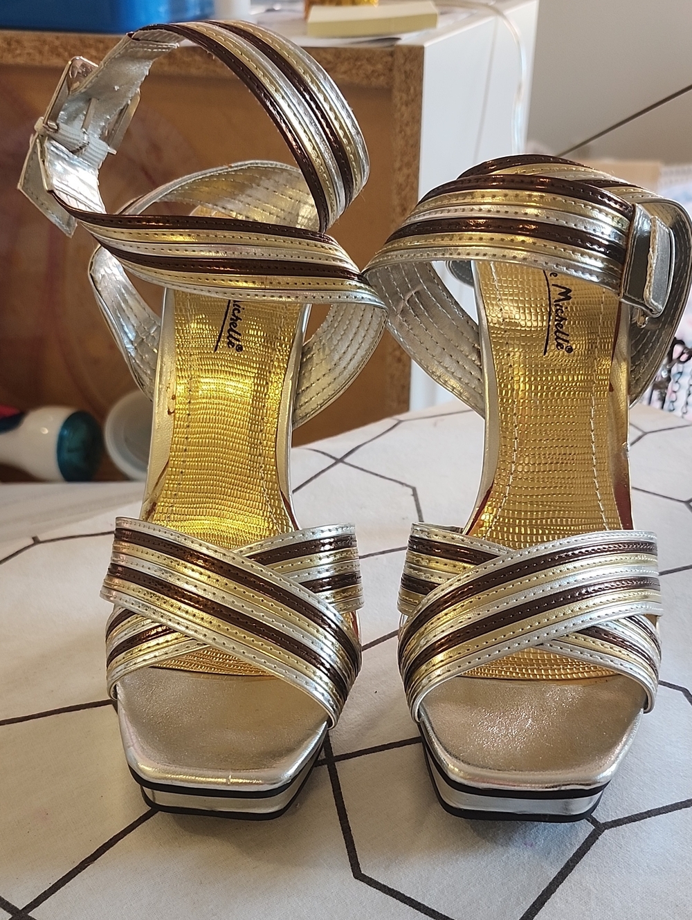 Anne Michelle Metallic Gold and Brown Strappy Heeled Sandals